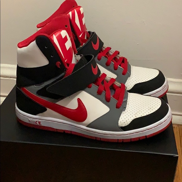 black white and red nike high tops